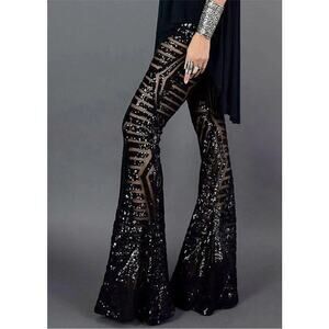 Black Flare Leg High Waist Sequin Mesh Pants Shiny Disco Party Bell Bottoms M